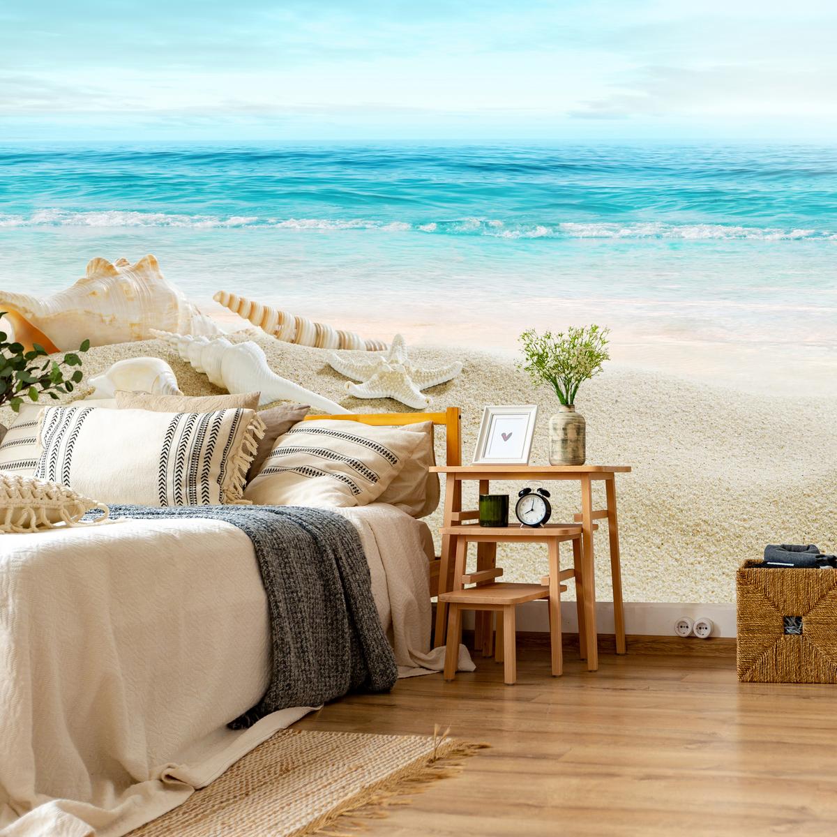 FOTOTAPETE für Badezimmer Muscheln Strand Sand Wellen Meer 500x350 - Beige/Weiß, Papier (500/350cm) - Muralo
