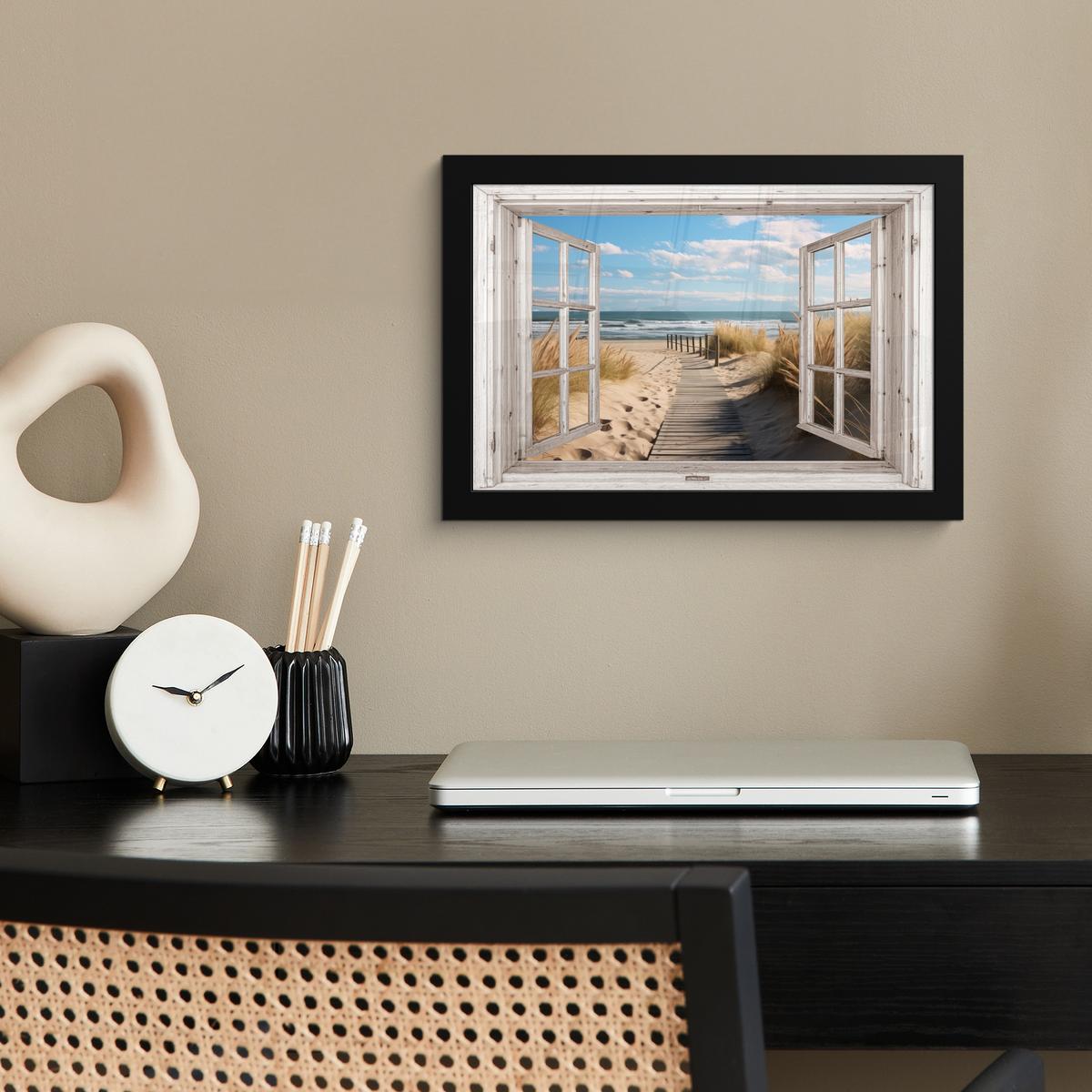 POSTER MIT RAHMENGERAHMTES BILD Fenster - Meer - Küste - Natur - Ausblick - Strand - Wattenmeer 30x20 cm - Beige, Papier (30/20cm) - MuchoWow