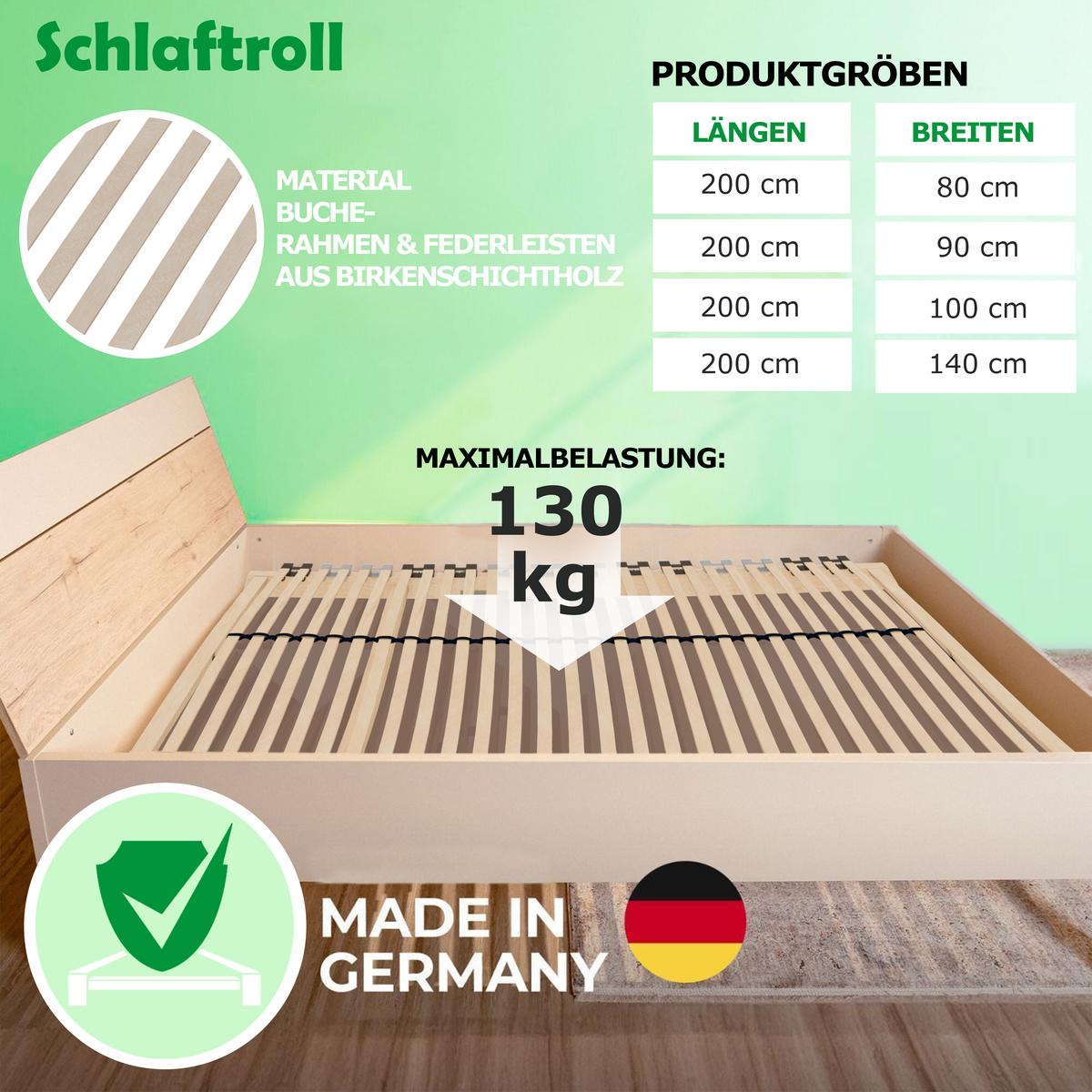 DREAMBASE Lattenrost 120x200 cm – Ergonomischer 7-Zonen - Eschefarben, Holz (120/200cm) - Schlaftroll
