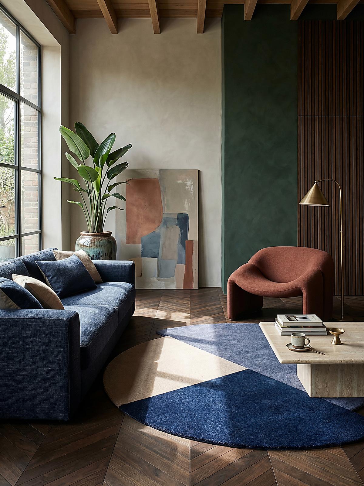 WOLLTEPPICH HALLEIN, geometrisch, Blau-Beige, Ø 150 cm - Blau, Textil (150/150cm) - KADIMA DESIGN