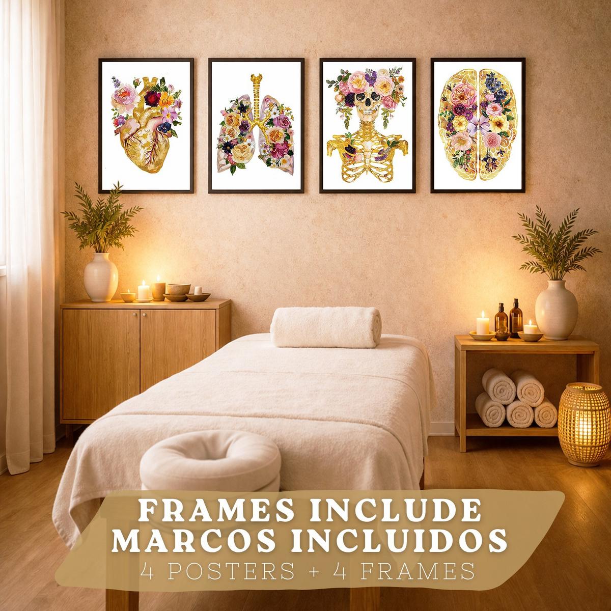 POSTER Set aus 4 Anatomie Mensch Drucke und mit Herz Gehirn Schädel Lungen Luftröhre Bronchien Goldener Floraler Stil Größe Schwarzer Rahmen A3 - Schwarz, Papier (29.7/42/3cm) - Nacnic