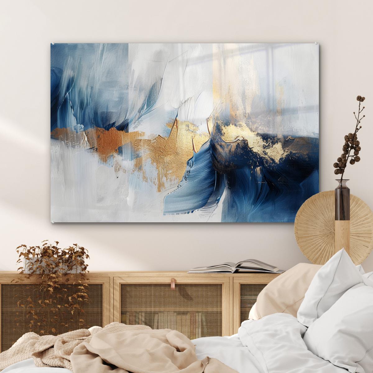 ACRYLGLASBILD Gold - Blau - Aquarell - Kunst - Modern Wandbild Schlafzimmer 120x80 cm - Hellblau, Glas (120/80cm) - MuchoWow