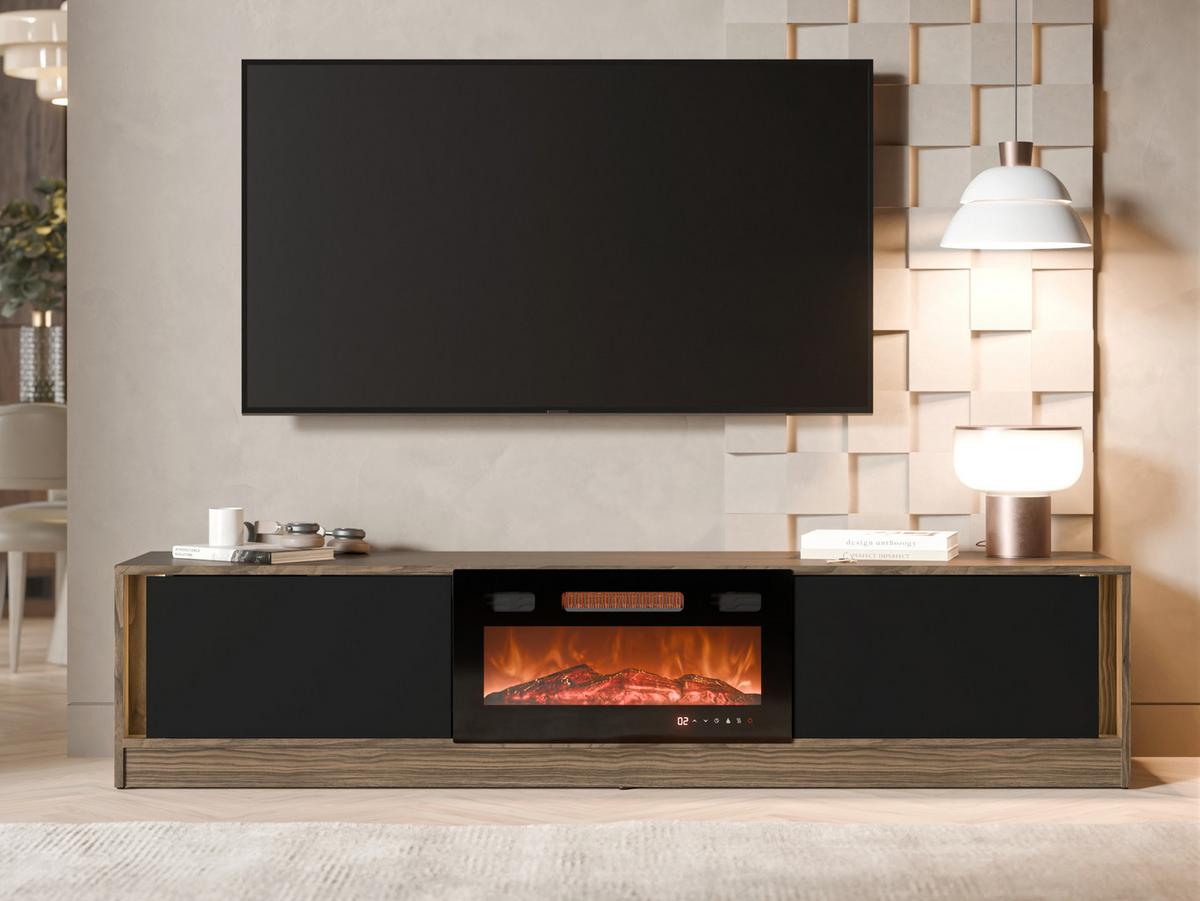 TV-LOWBOARD Mizu mit Kamin - Nussbaumfarben/Schwarz, Holzwerkstoff (180/40/39cm) - MIRJAN24