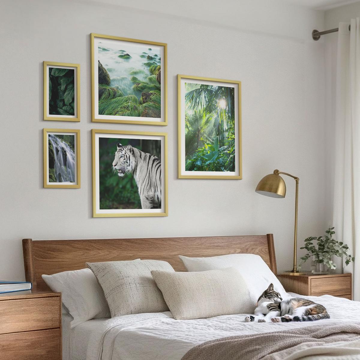 BILDER SET 5er Set - 50x50 cm & 20x30 cm & 40x60 cm Goldrahmen - Blätter und Blüten in verschiedenen Farben - Goldfarben, Kunststoff (40/60cm) - TULUP