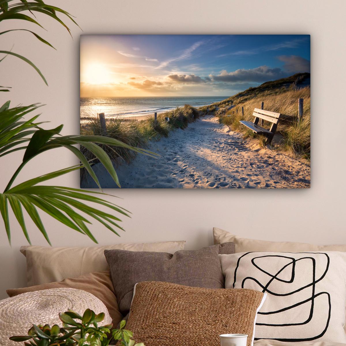 LEINWANDBILD Sonnenuntergang - Strand - Düne - Gras - Ufer Gemälde 60x40 cm - Sandfarben, Textil (60/40cm) - MuchoWow
