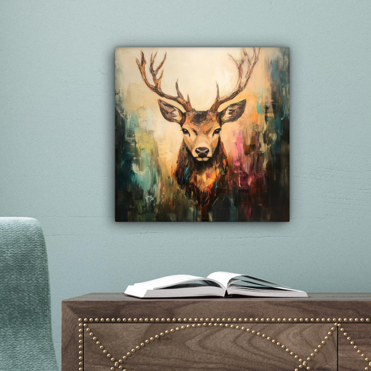 LEINWANDBILD Hirsch - Gemalt - Geweih - Braun Deko Wohnzimmer 20x20 cm - Haselnussfarben, Textil (20/20cm) - MuchoWow
