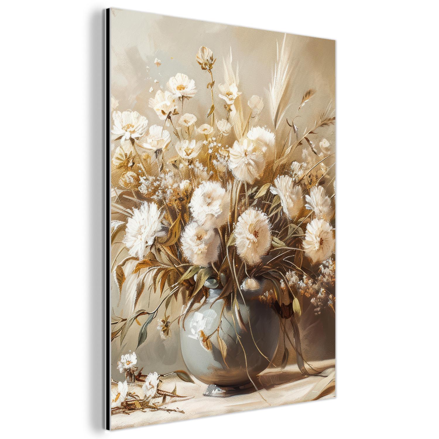 METALLBILD Blumen - Vase - Stilleben - Beige 60x80 cm - Creme, Metall (60/80cm) - MuchoWow