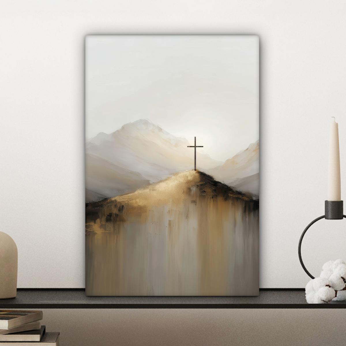 LEINWANDBILD Hügel - Abstrakt - Kreuz - Christentum Deko Wohnzimmer 20x30 cm - Beige, Textil (20/30cm) - MuchoWow