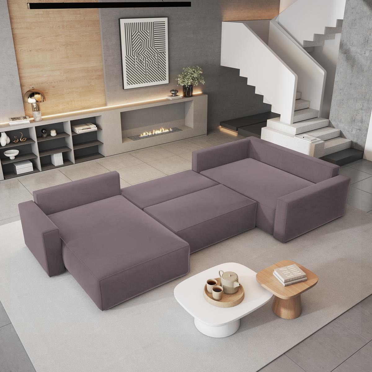 WOHNLANDSCHAFT VELAMI R-S Lila Velours-Stoff mit Schlaffunktion - Lila, Holz (365/83/194cm) - MASSENO