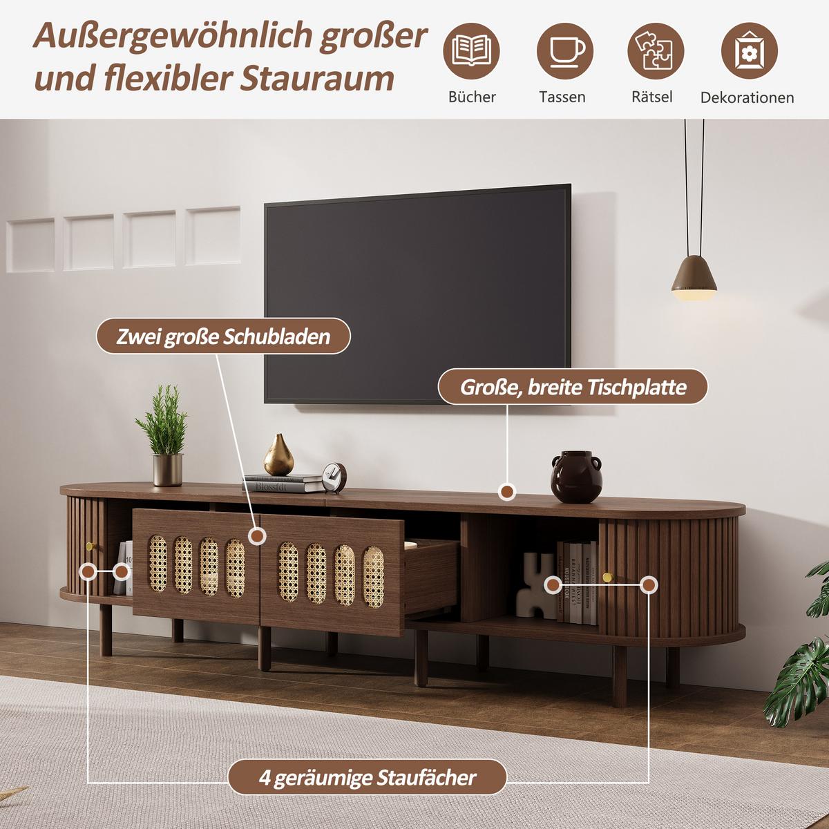 TV LOWBOARD walnuss rattan oval 180cm retro - Walnussfarben, Holzwerkstoff (180/40/40cm) - Urban Meuble