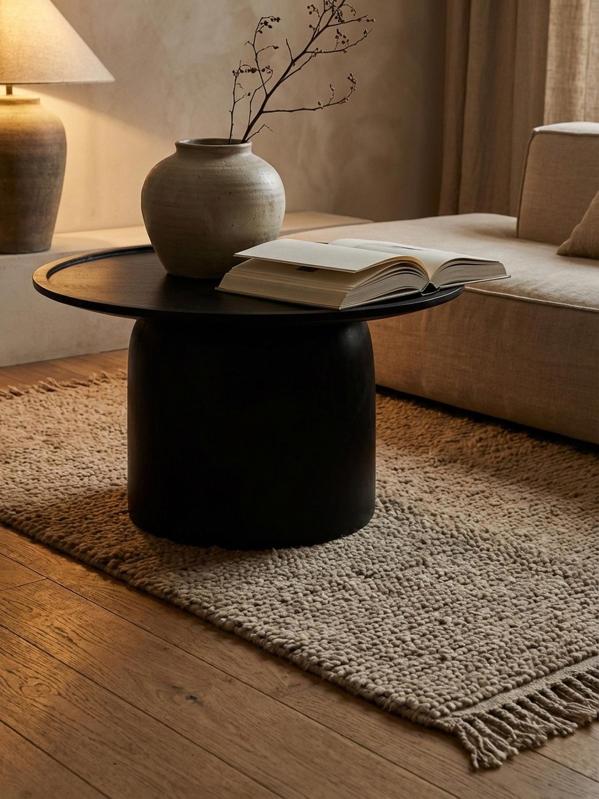 COUCHTISCH Rund Schwarz Mango Massivholz, 60x60x40 cm, Erhöhter Rand, Trommelgestell - Schwarz, Holz (60/60/40cm) - KADIMA DESIGN