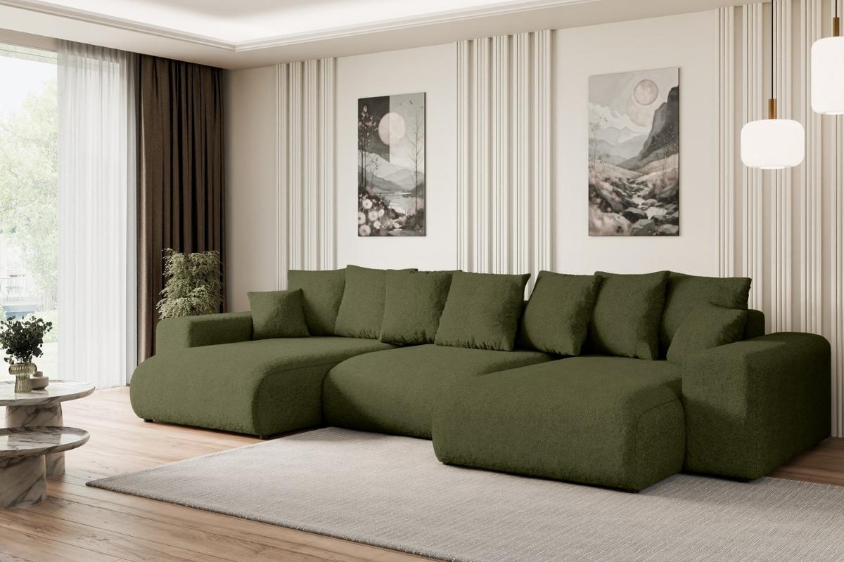 WOHNLANDSCHAFT mit Schlaffunktion ESKAR-U -364x176x84cm Grün Bouclé - Schwarz/Grün, Holzwerkstoff/Kunststoff (364/72/176cm) - ALTDECOR