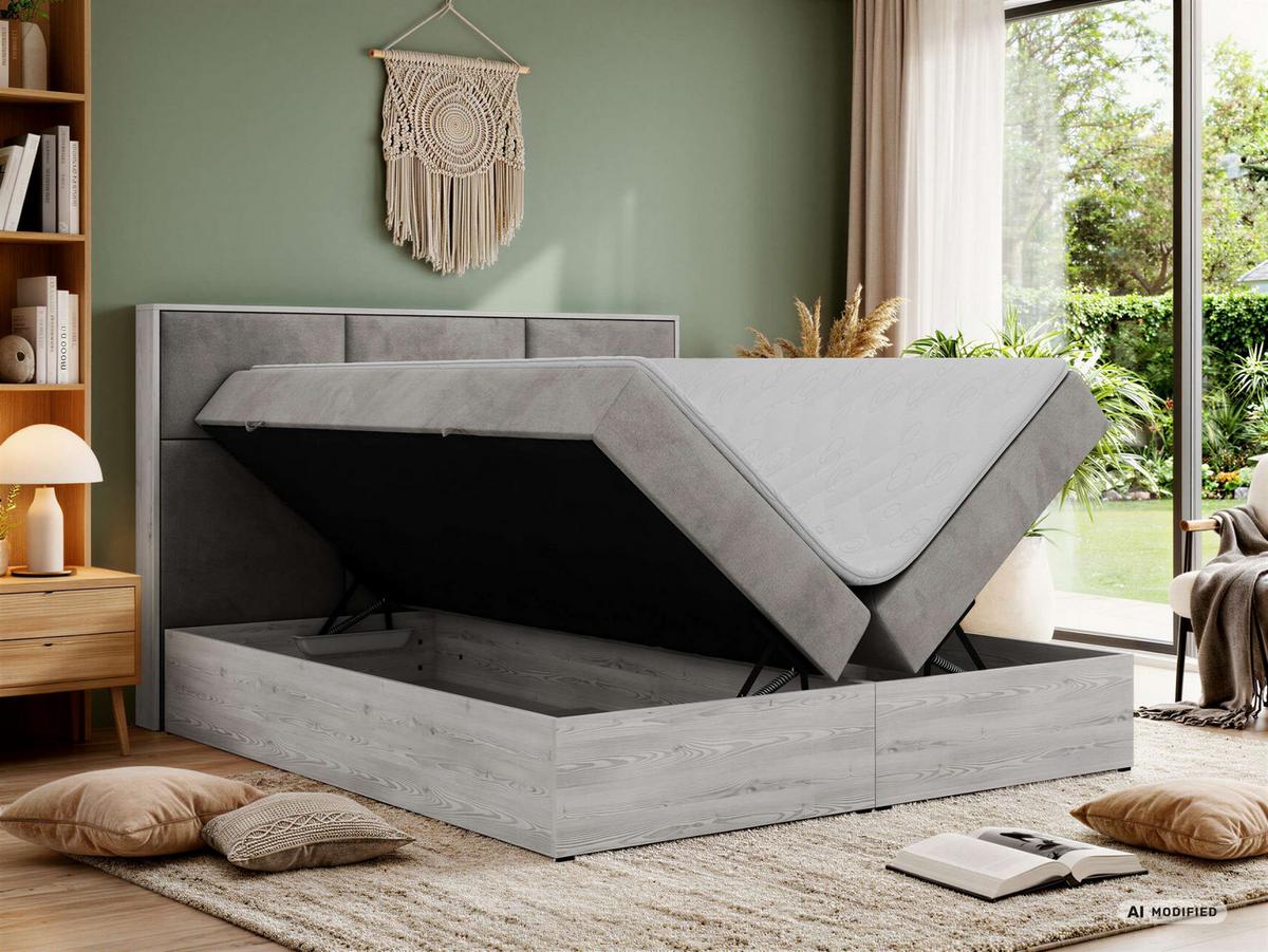 BOXBETT DELNOR 200/200 - Hellgrau Velvet - Topper Visco - H3 - Hellgrau/Schwarz, Kunststoff/Textil (200/200cm) - MKS