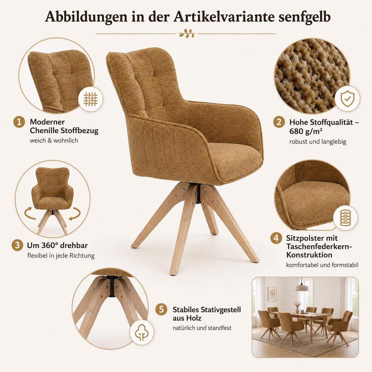 ESSZIMMERSTUHL Senfgelb 2er-Set - Gelb, Textil (62/92/68cm) - MCW