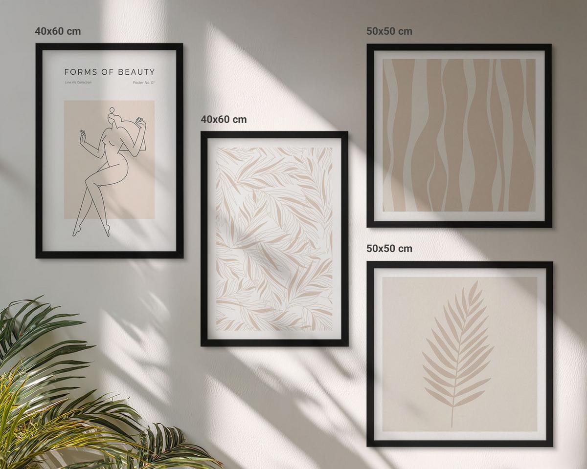 BILDER SET 4er Set - 50x50 cm & 40x60 cm Schwarzer Rahmen - Minimalistische Pflanzenmotive - Schwarz, Kunststoff (50/50cm) - TULUP