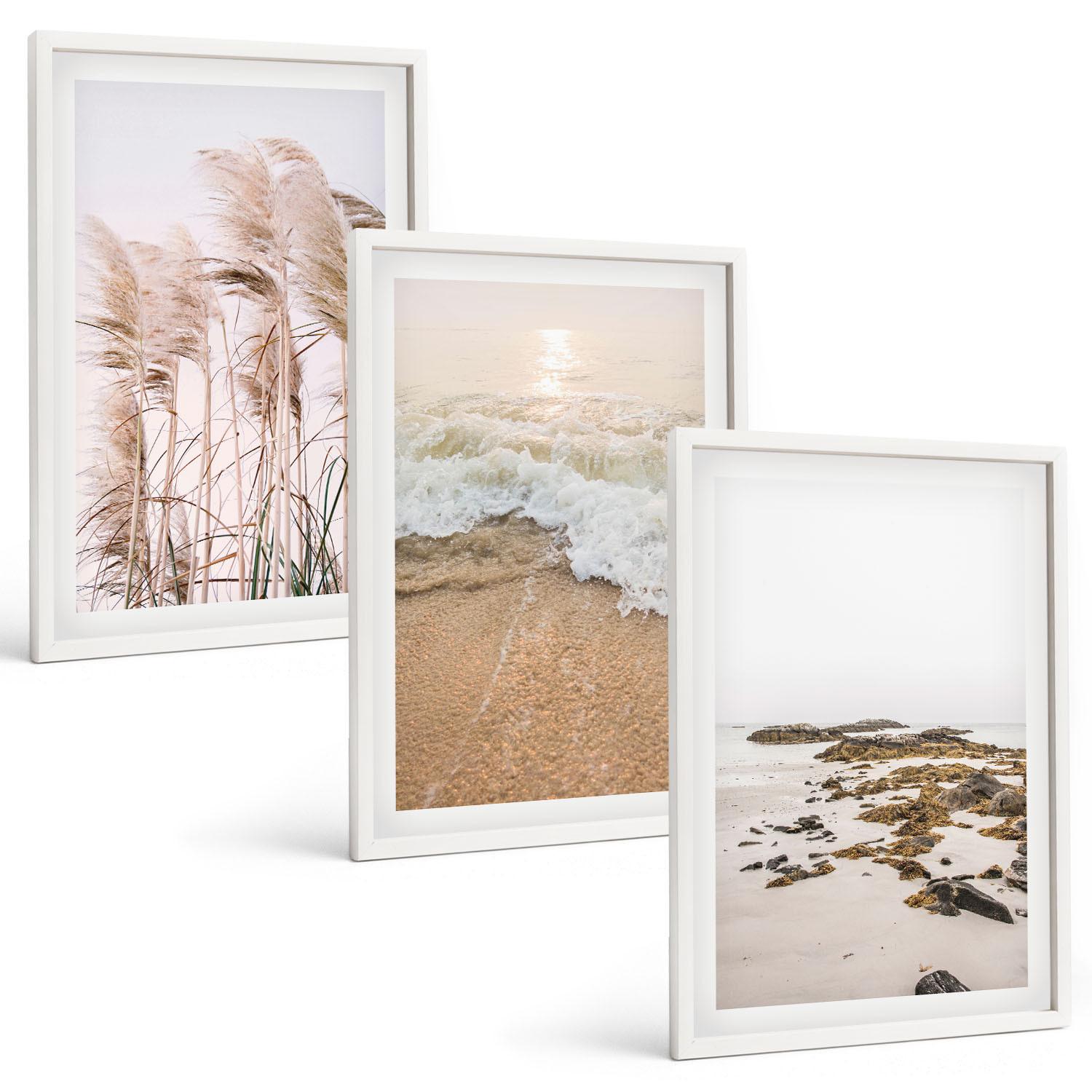 BILDER SET 3er Set - 40x60 cm Weißer Rahmen - Strandgras, Wellen, Steine, Boho-Stil - Weiß, Kunststoff (40/60cm) - TULUP