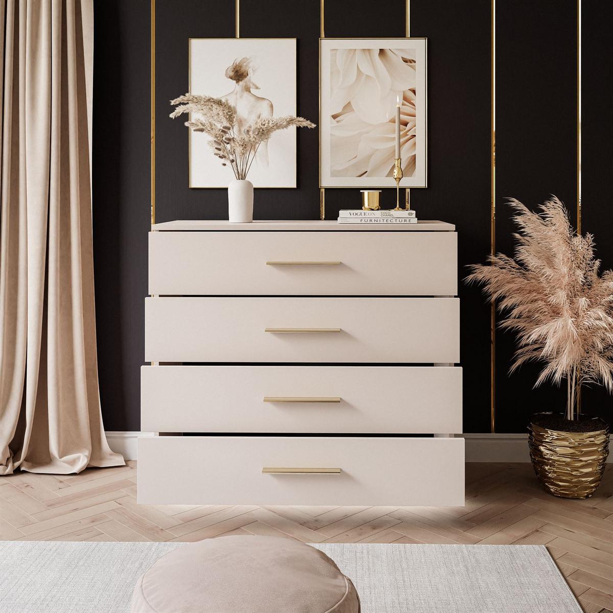 KOMMODE LINA KASCHMIR 95 cm mit LED-Beleuchtung Griffe Goldchrom - Kaschmir/Goldfarben, Holzwerkstoff (95/84/40cm) - Lookway