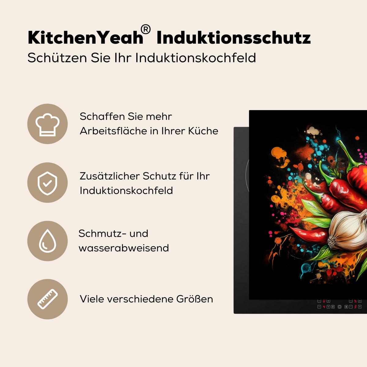 HERDABDECKPLATTE Gemüse - Paprika - Knoblauch - Graffiti - Farbe - Bunt Induktionsschutz 81.6x52.7 cm - Rot, Kunststoff (81.6/52.7/0.2cm) - MuchoWow
