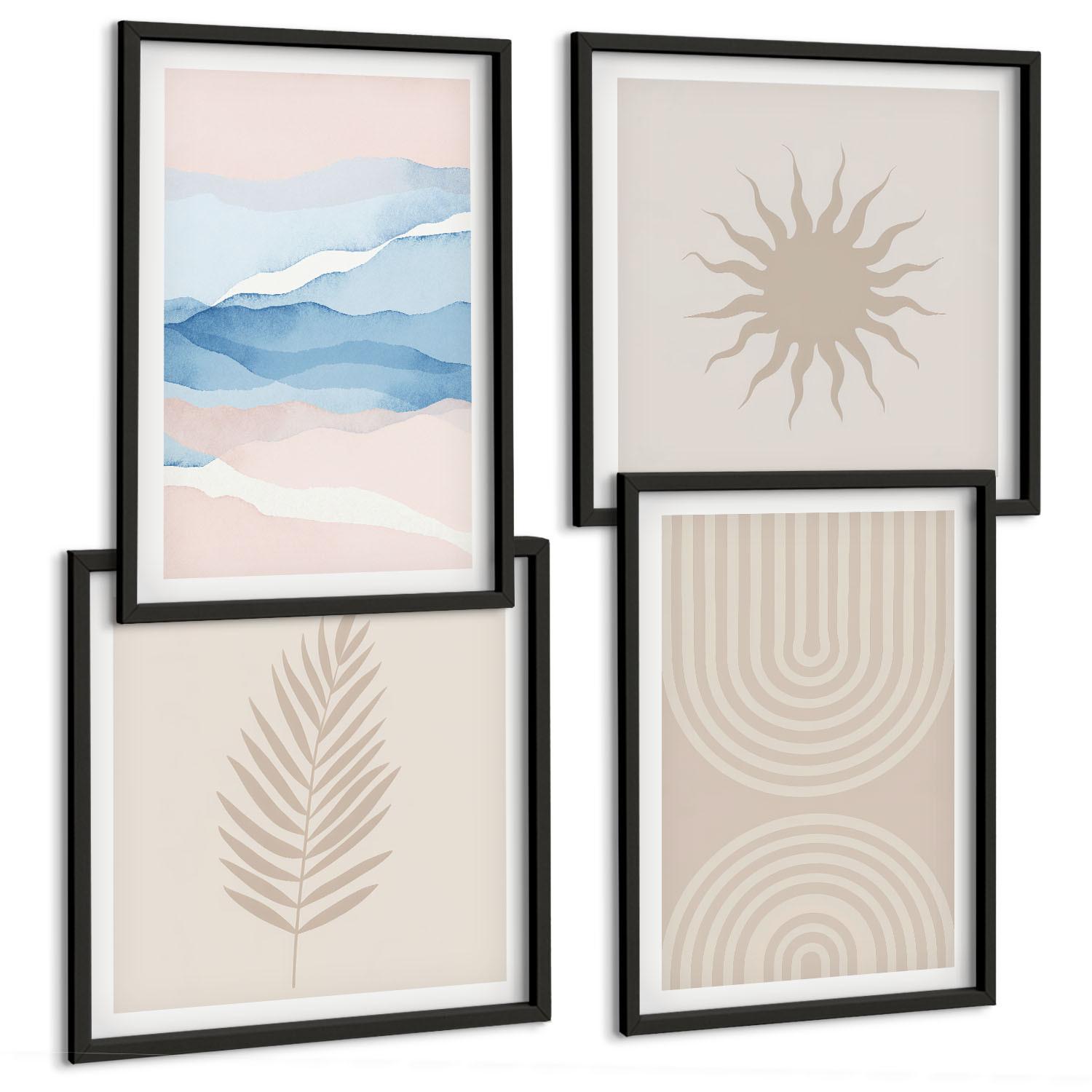 BILDER SET 4er Set - 50x50 cm & 40x60 cm Schwarzer Rahmen - Abstrakte Linien der Sonnenwellen - Schwarz, Kunststoff (50/50cm) - TULUP