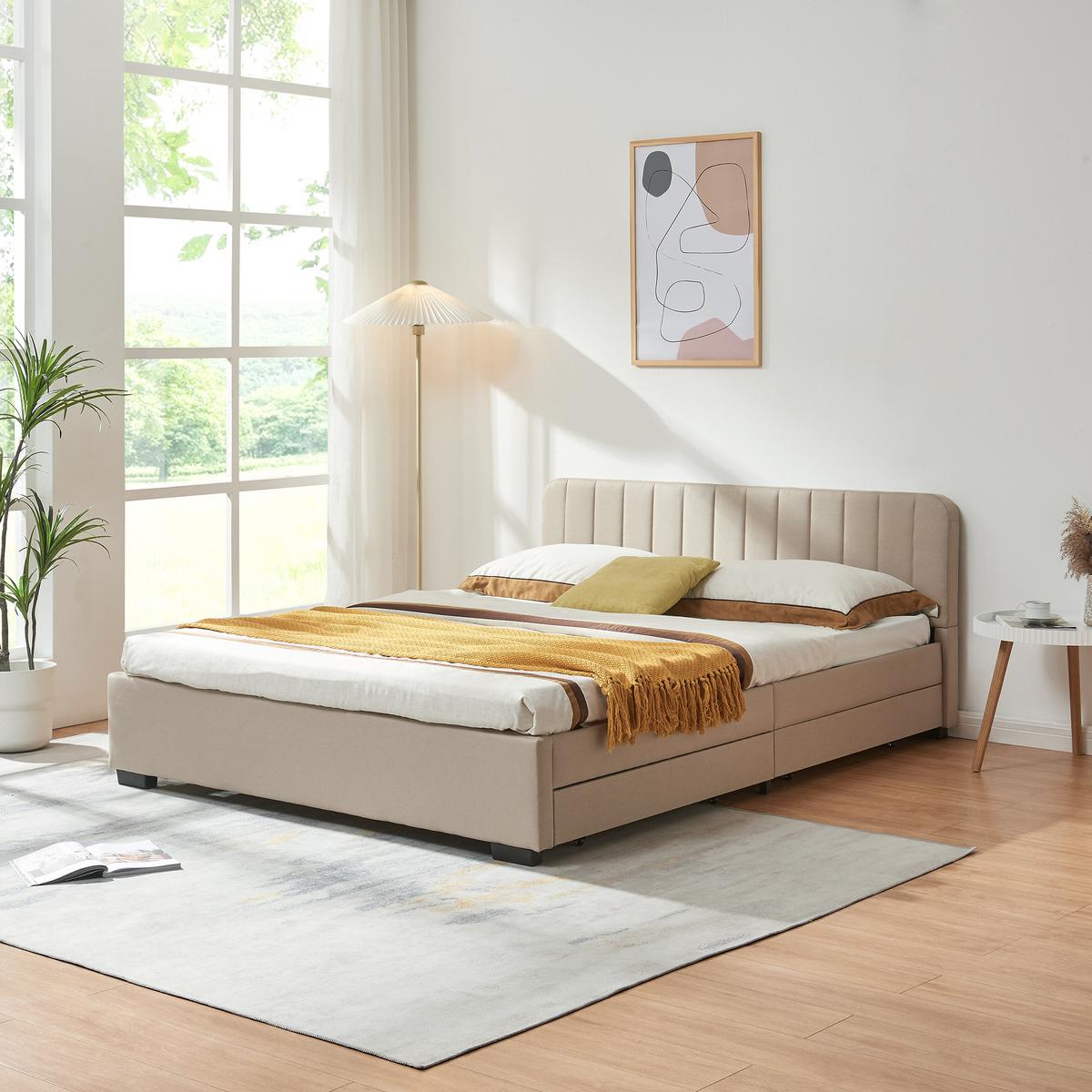 POLSTERBETT Nofrenna - Beige/Schwarz, Holzwerkstoff/Kunststoff (140/200cm) - [en.casa]