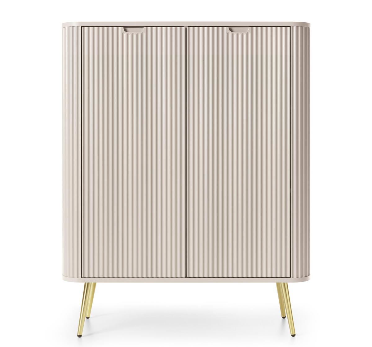 HIGHBOARD Salvia 2T Beige, Gold 103/129/39 cm – mit geriffelten Fronten und hohen Beinen - Beige/Goldfarben, Holzwerkstoff/Metall (103/129/39cm) - AX Living