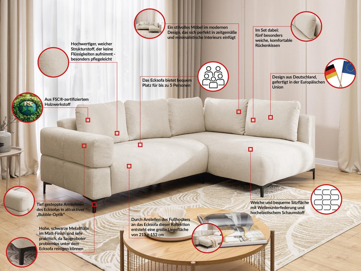 ECKSOFA Cardea in Bubble-Optik aus weichem Hellbeige Strukturstoff mit hohem Sitzkomfort - Ottomane rechts - Beige/Schwarz, Holz/Textil (230/170cm) - S-Style Möbel