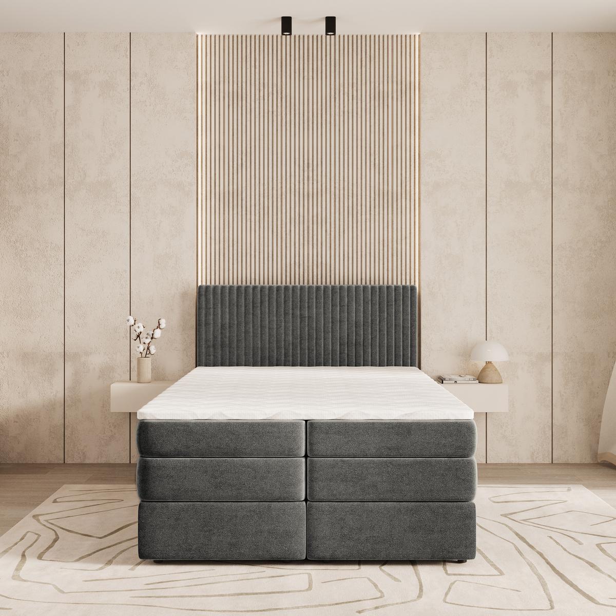 BOXSPRINGBETT FELBIO 180x200 cm mit Matratze und Topper - Grau - Grau, Holz (180/200cm) - MASSENO