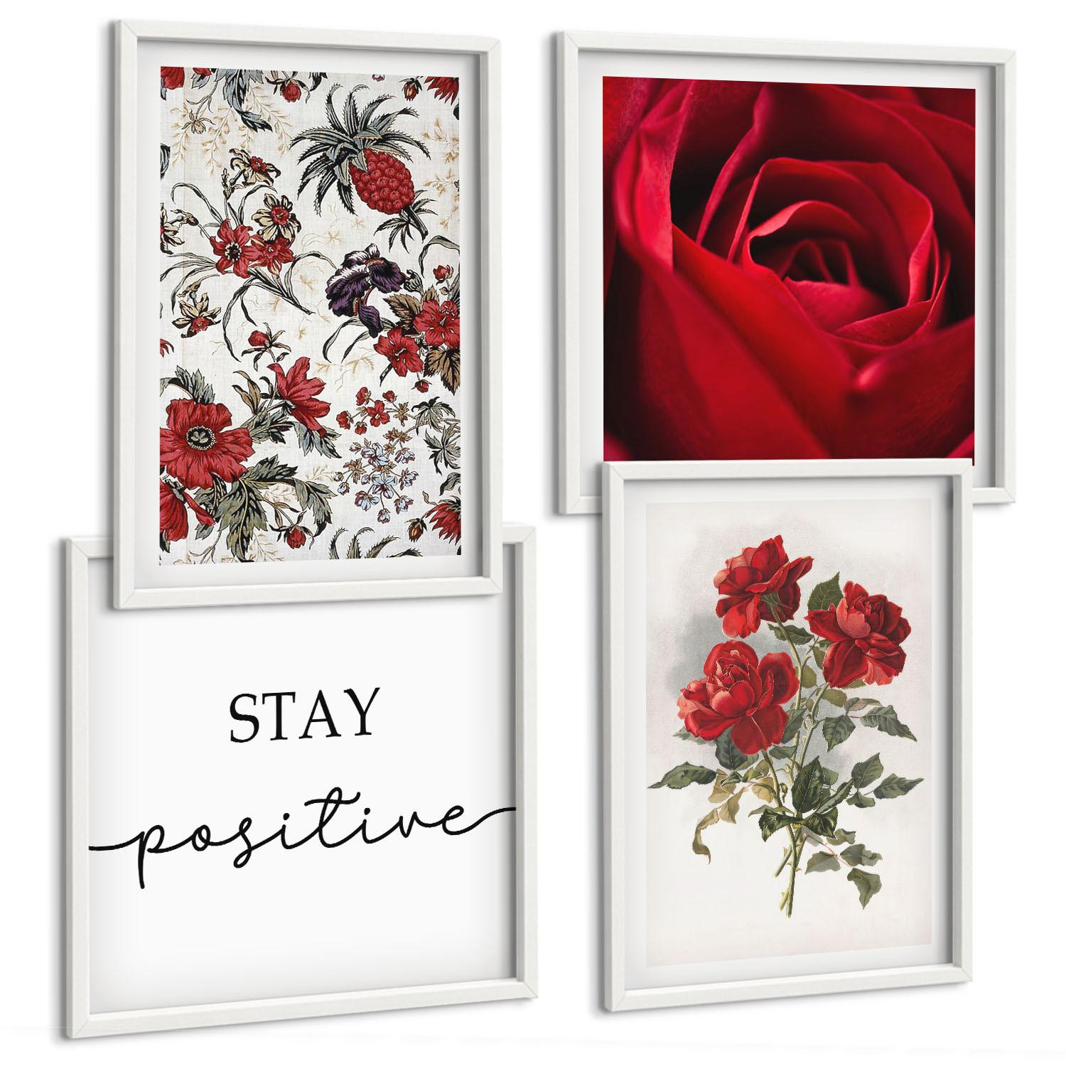 BILDER SET 4er Set - 50x50 cm & 40x60 cm Weißer Rahmen - Inschrift mit roten Rosen - Weiß, Kunststoff (50/50cm) - TULUP