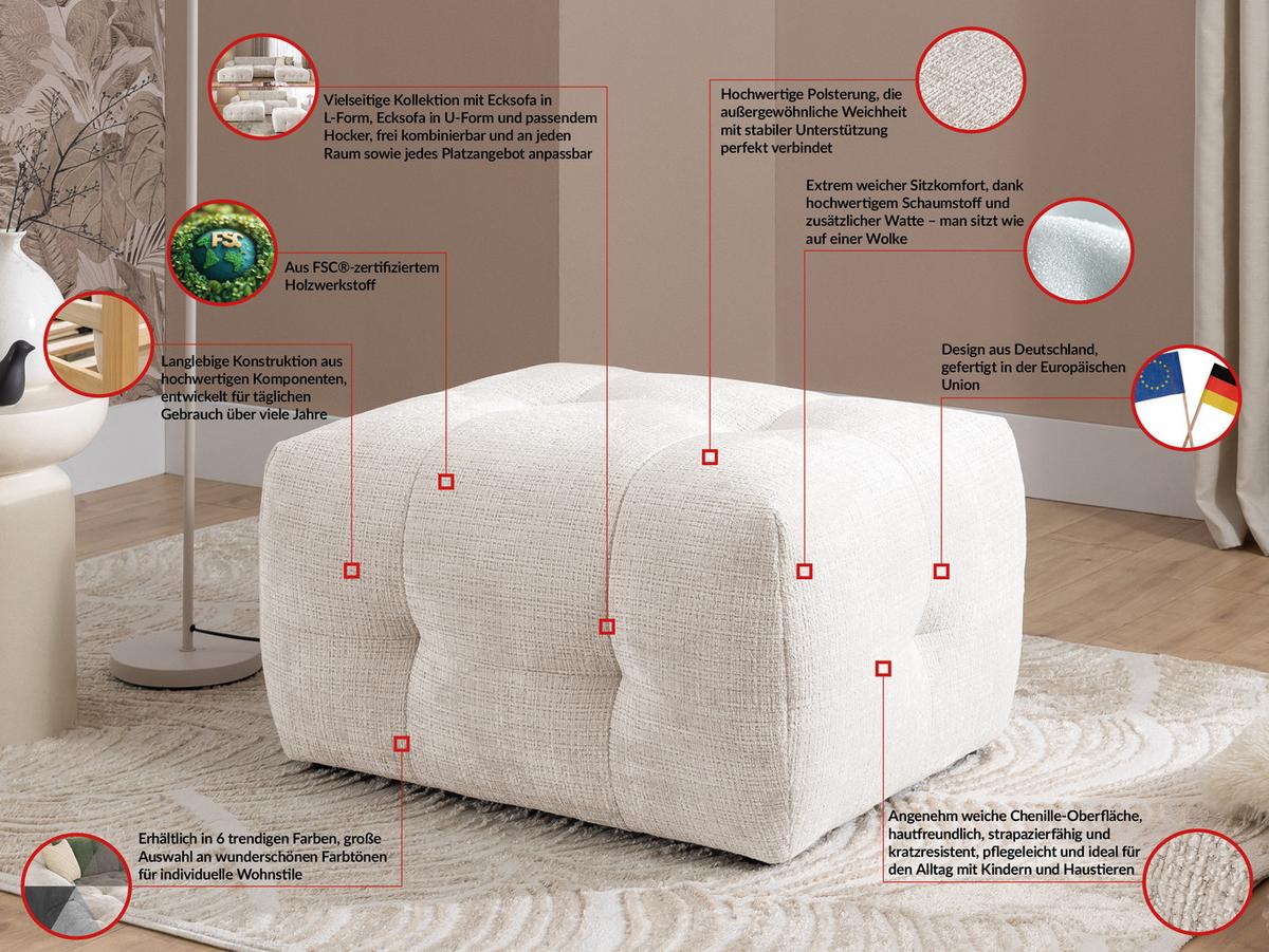 POLSTERHOCKER Kozy im Bumpy-Design aus weichem Beige Chenille-Stoff - Beige/Creme, Holz/Textil (87/46/68cm) - S-Style Möbel