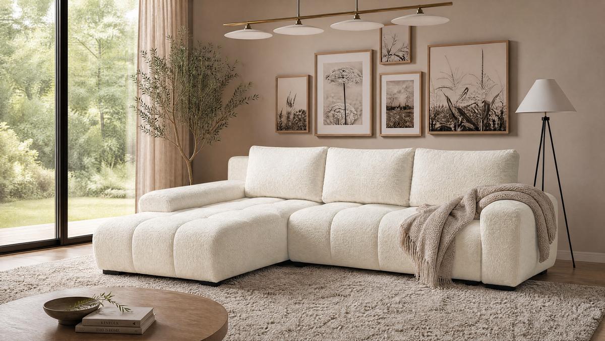 ECKSOFA Ovia mit Bettkasten und Schlaffunktion, Bouclé-Stoff in L-Form - Beige, Textil (270/185cm)
