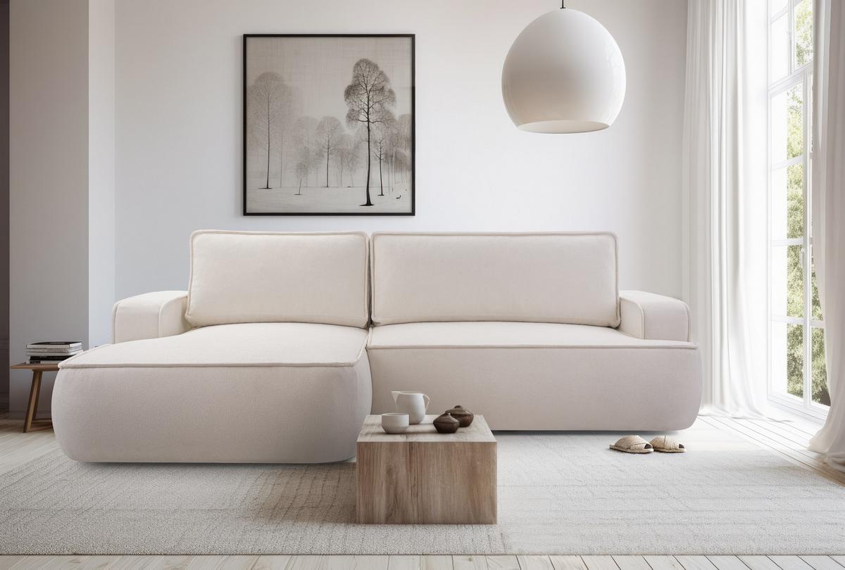 ECKSOFA SOLO Beige Boucle-Stoff mit Schlaffunktion - Beige, Holz (260/168cm) - MASSENO