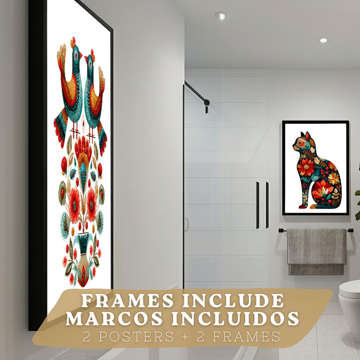 POSTER 2er-Set dekorative Badezimmer-Kunstdrucke, im Stil der Volkskunst für Wand, Toilette mit Vögeln und elegantem Blumen-Katzen Schwarzer Rahmen A4 - Schwarz, Papier (29.7/21/3cm) - Nacnic