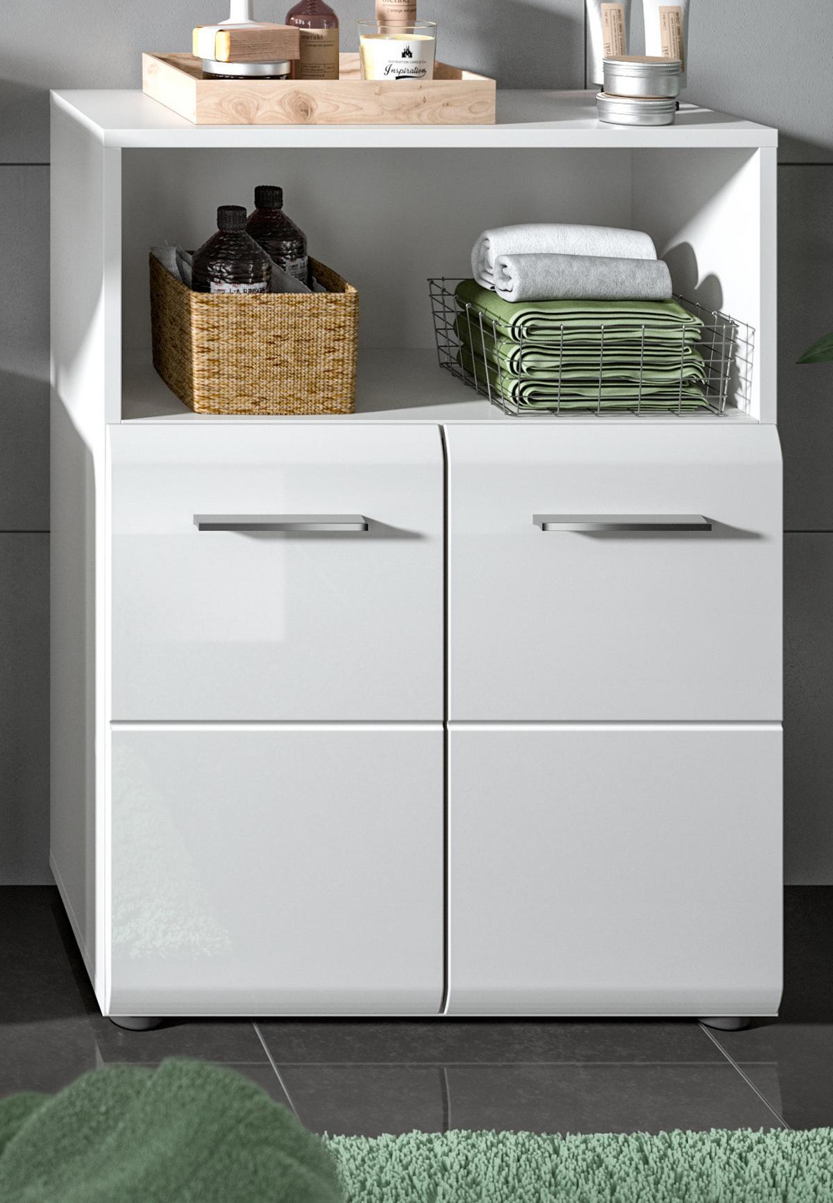 BADKOMMODE weiß Hochglanz, Badschrank 2-türig 60 x 80 cm - Weiß Hochglanz/Silberfarben, Holzwerkstoff/Kunststoff (60/80/30cm) - Inn.Furn