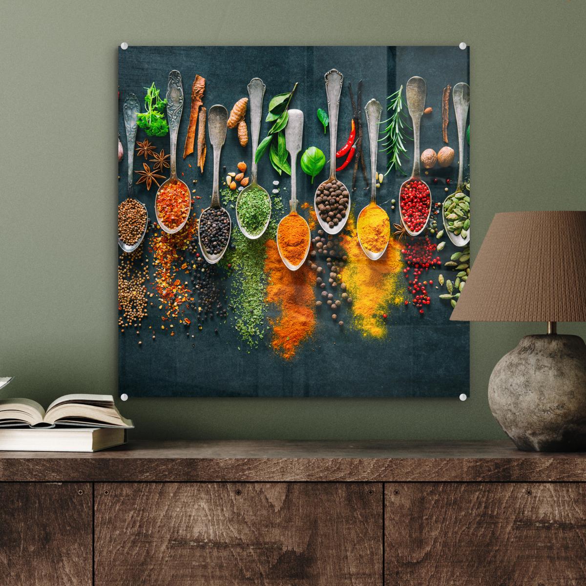 ACRYLGLASBILD Kräuter - Gewürze - Löffel 50x50 cm - Currygelb, Glas (50/50cm) - MuchoWow