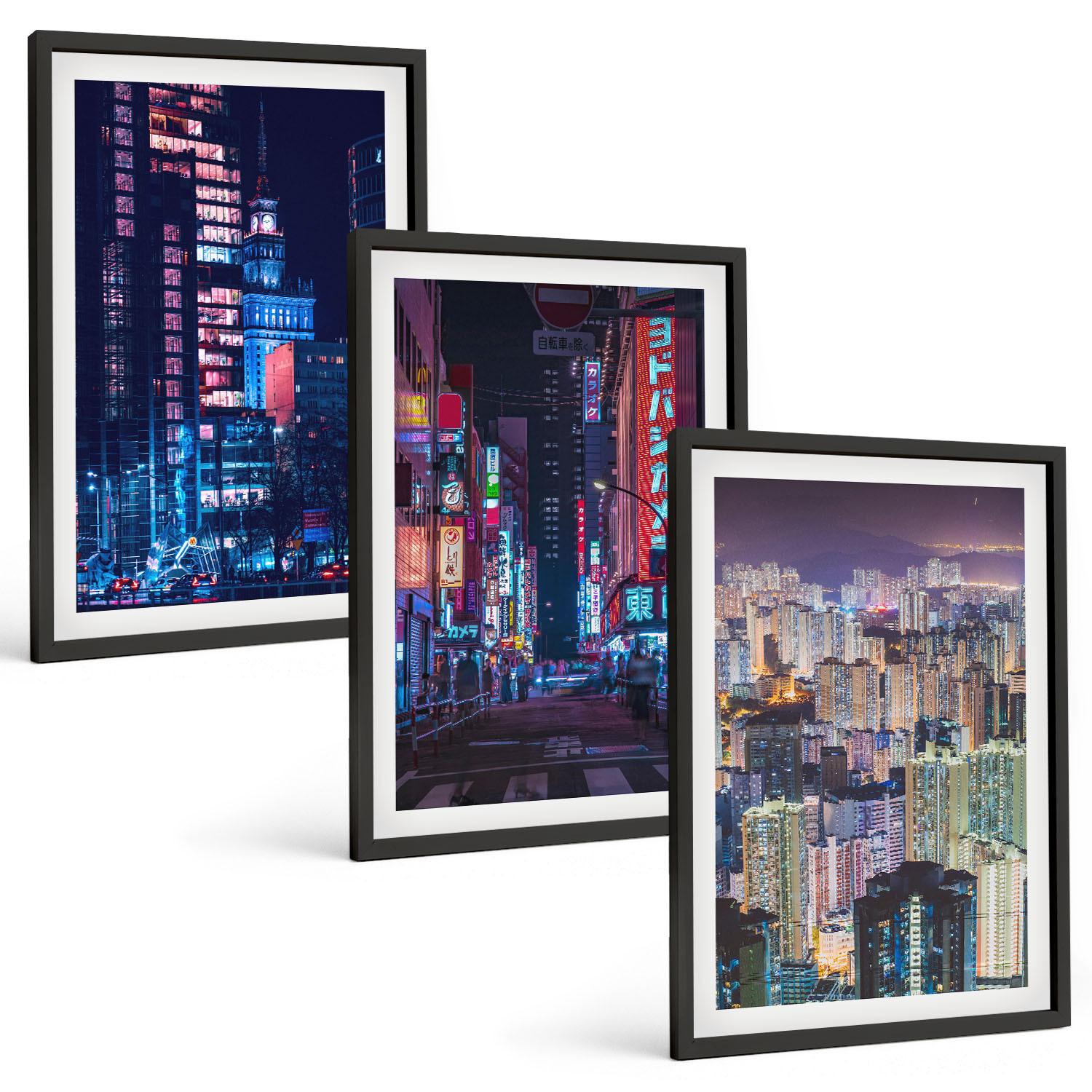 BILDER SET 3er Set - 40x60 cm Schwarzer Rahmen - Neonlichter der nächtlichen Stadt - Schwarz, Kunststoff (40/60cm) - TULUP