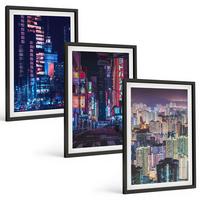 BILDER SET 3er Set - 40x60 cm Schwarzer Rahmen - Neonlichter der nächtlichen Stadt - Schwarz, Kunststoff (40/60cm) - TULUP