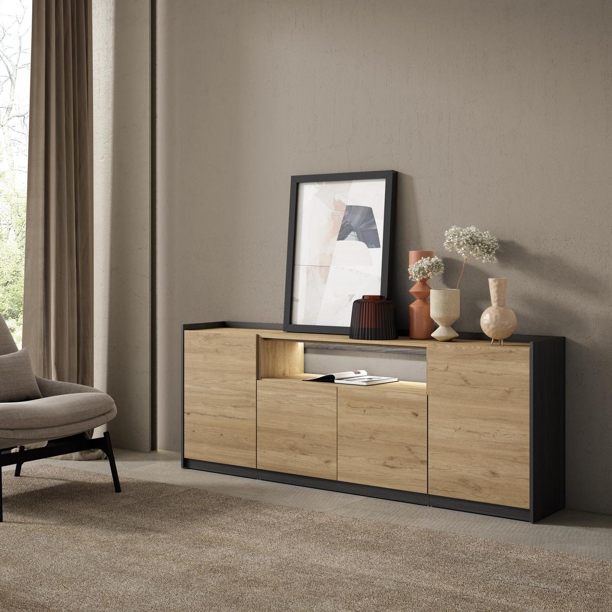 SIDEBOARD, Eiche und Schwarz, 207/37/80cm, mit Led - Eichefarben, Holzwerkstoff (207/80/37cm) - Skraut Home