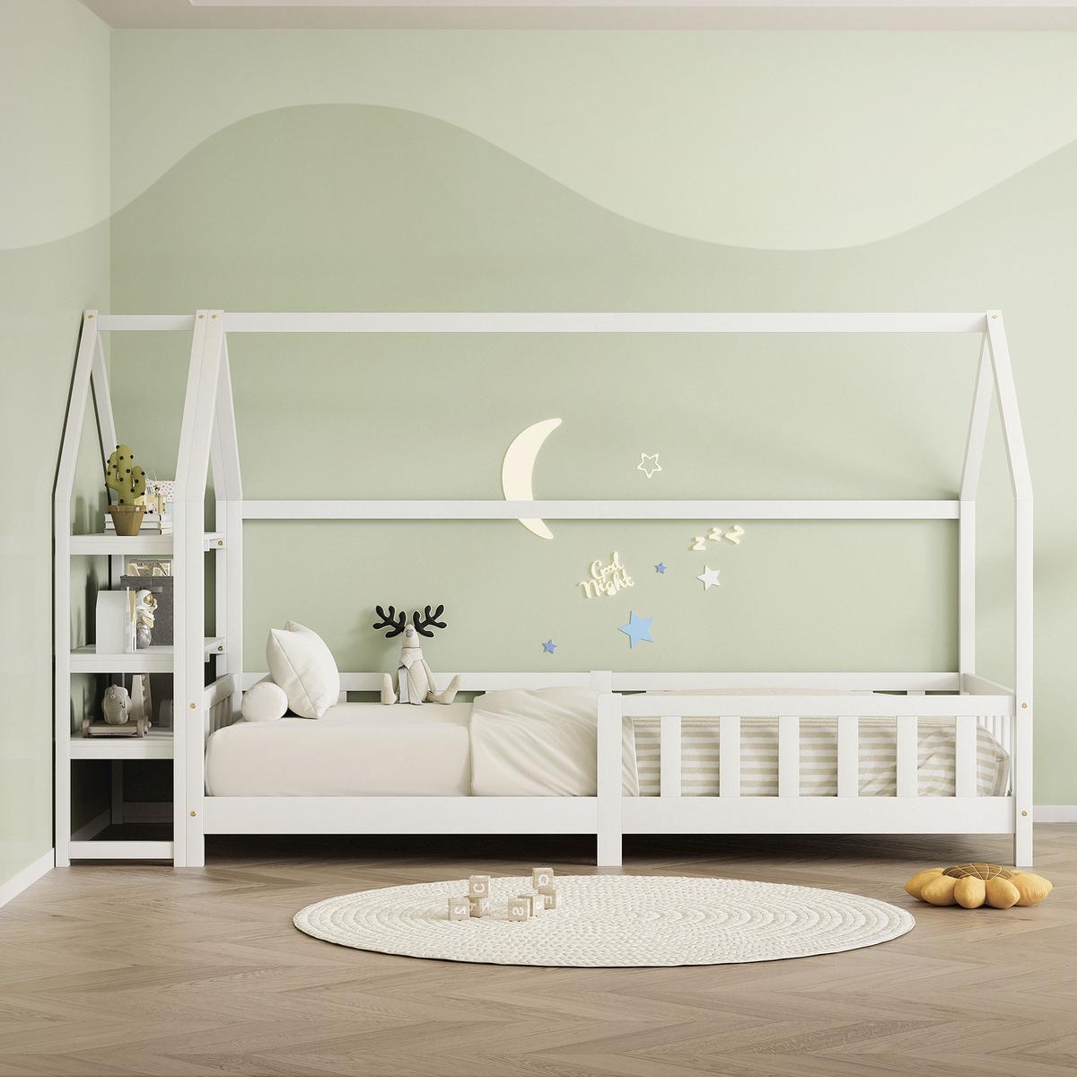 KINDERBETT 90x200 cm mit Matratze & Regal Weiß aus Kiefernholz - Weiß, Holz (90/200cm) - ML-DESIGN