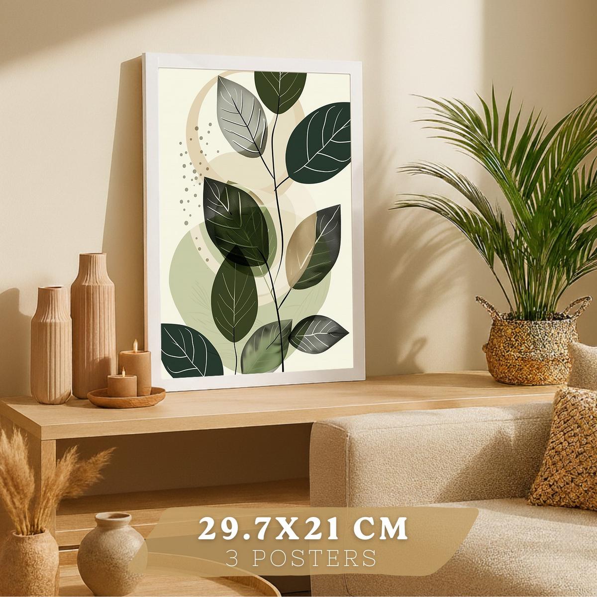 POSTER 3er Kunstdruck-Set Wandbilder Pflanzen Abstrakt modern Wohnzimmer Deko, Schlafzimmer, Küche, Badezimmer Weißer Rahmen A4 - Weiß, Papier (29.7/1/21cm) - Nacnic