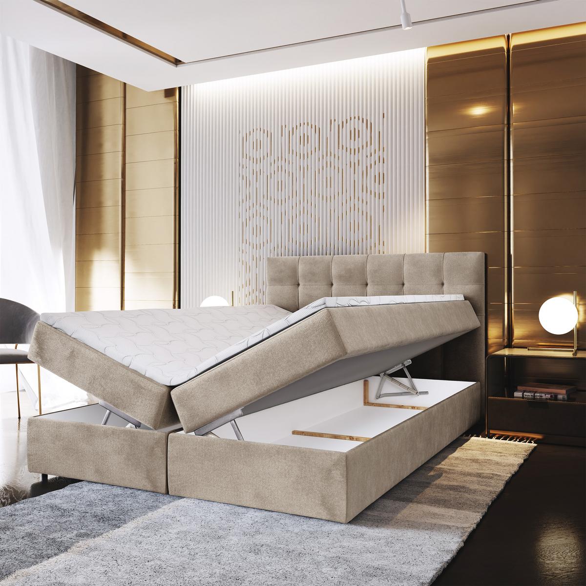 BOXBETT GLOS K 160x200 cm mit Matratze und Topper, H2+H3 - Beige - Beige, Holz (160/200cm) - MASSENO