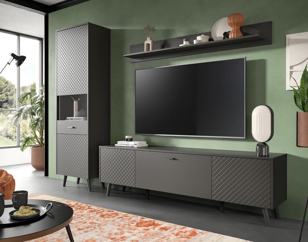 VITRINE grau matt 58 x 195 cm, Vitrinenschrank mit Struktur - Schwarz/Grau, Glas/Holzwerkstoff (58/195/37cm) - Inn.Furn