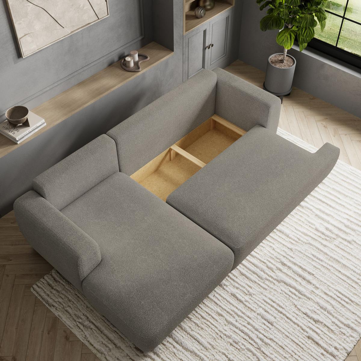 ECKSOFA SENTI N L-S Hellgrau Boucle-Stoff mit Schlaffunktion - Hellgrau/Schwarz, Holz/Kunststoff (246/148cm) - MASSENO
