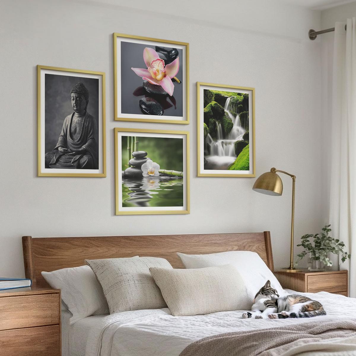 BILDER SET 4er Set - 50x50 cm & 40x60 cm Goldrahmen - Zen-Gemälde, Wassersteine, Buddha - Goldfarben, Kunststoff (50/50cm) - TULUP