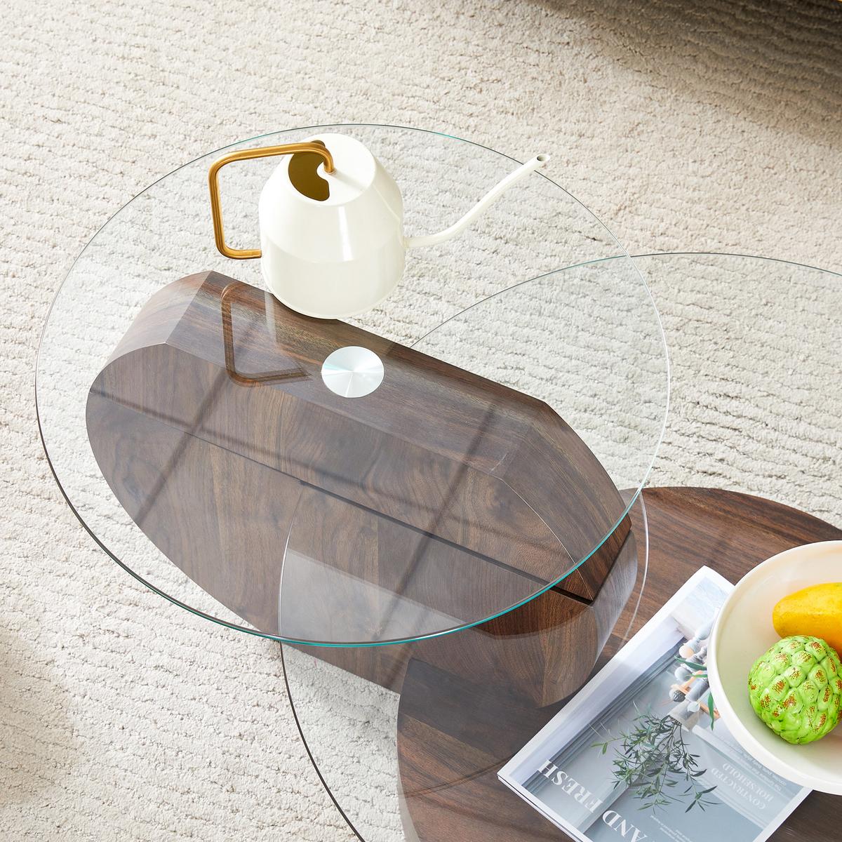 COUCHTISCH glas walnuss mehrstufig stauraum - Walnussfarben, Holzwerkstoff (70/90/44cm) - Urban Meuble