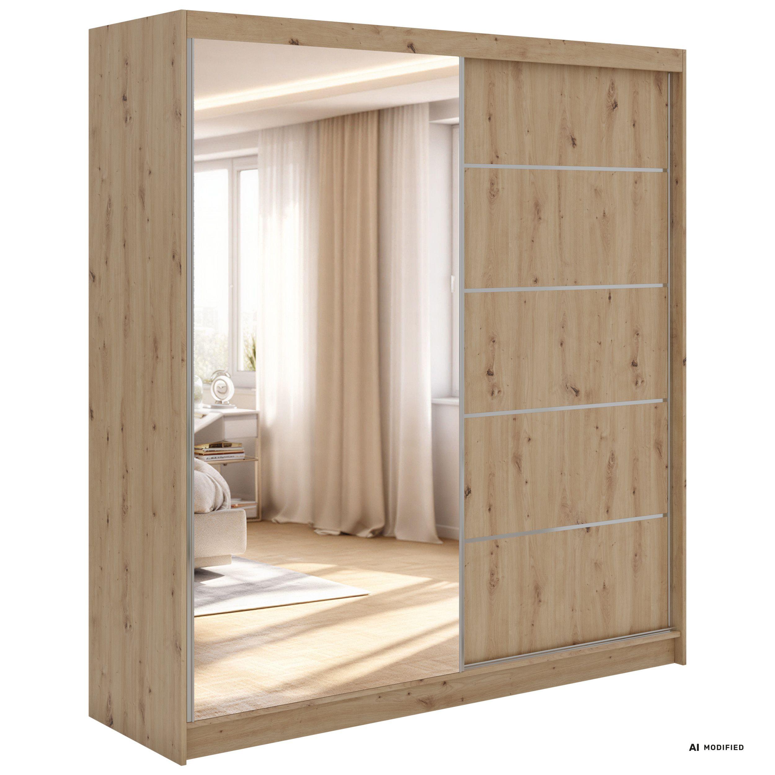 SCHWEBETÜRENSCHRANK mit Schubladen 200 - SKORIA - Eiche Artisan mit Spiegel - Alufarben/Eiche Artisan, Holzwerkstoff/Metall (200/216/61cm) - MKS