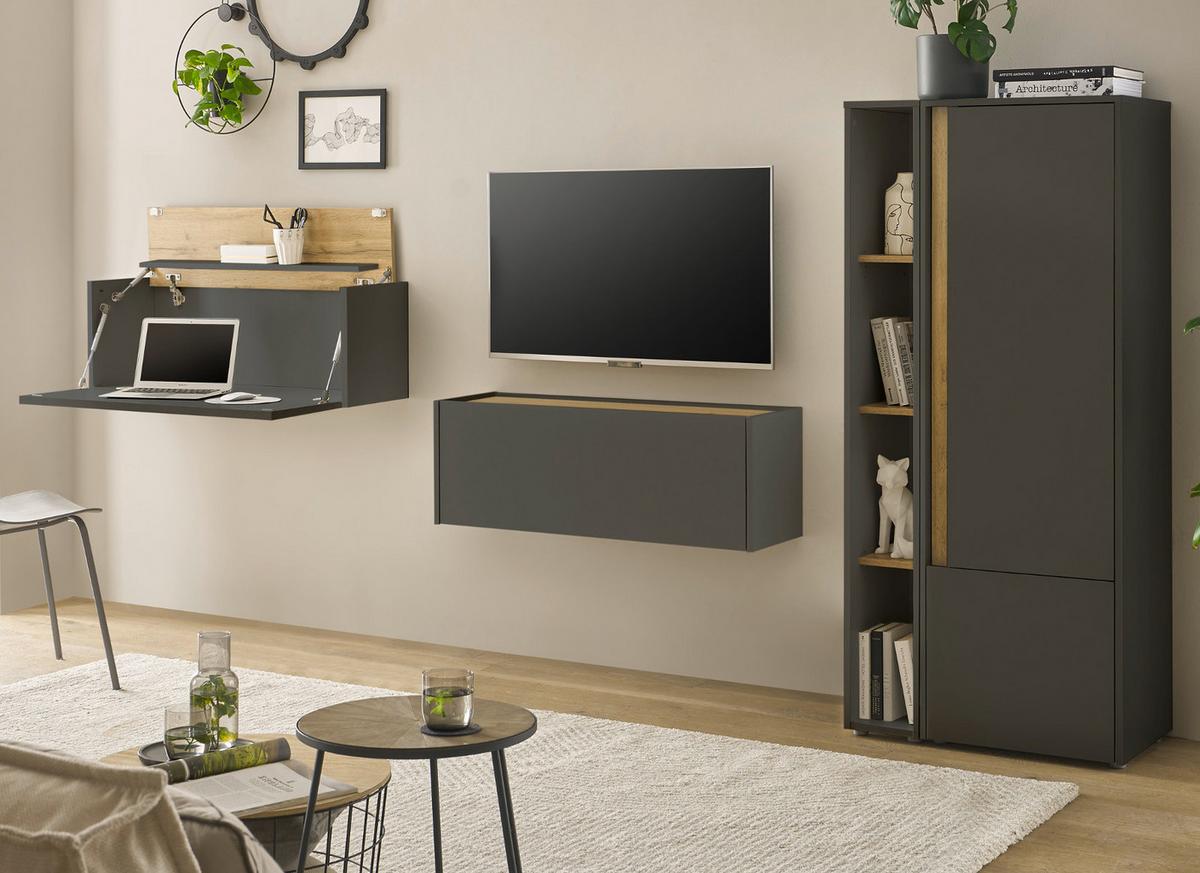 WOHNWAND grau matt , Eiche Wotan 4-teilig 310 cm, Wohnzimmer Schränke mit Sekretär - Eiche Wotan/Grau, Holzwerkstoff/Kunststoff (310/170/40cm) - Furn.Design