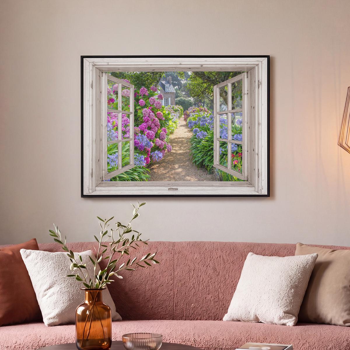 LEINWAND Bilder mit Rahmen - Hortensie - Durchsichtig - Blumen - Sommer - Lila - Weg - 70x50 - Lila, Textil (70/50cm) - MuchoWow