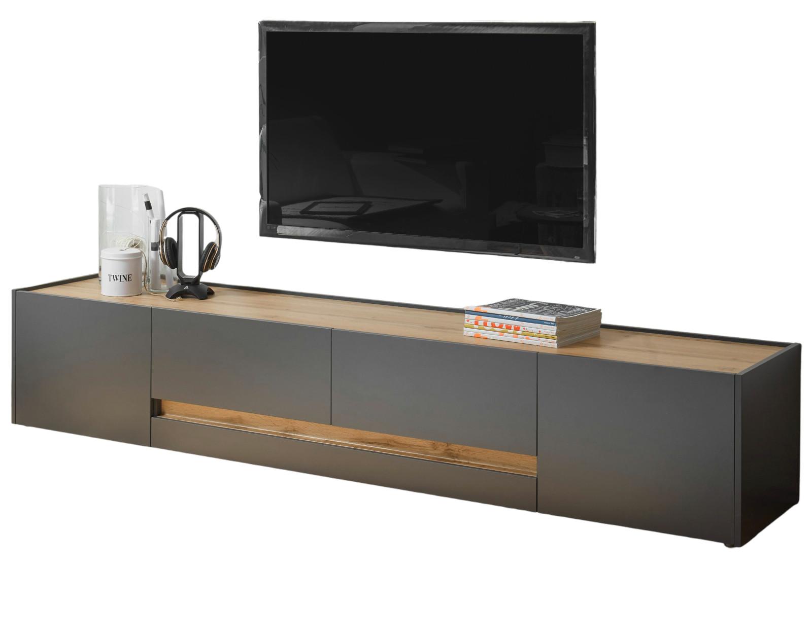 TV-LOWBOARD grau matt, Eiche Wotan 223 cm, großer TV Unterschrank mit viel Stauraum - Eiche Wotan/Schwarz, Holzwerkstoff/Kunststoff (223/40/45cm) - Furn.Design
