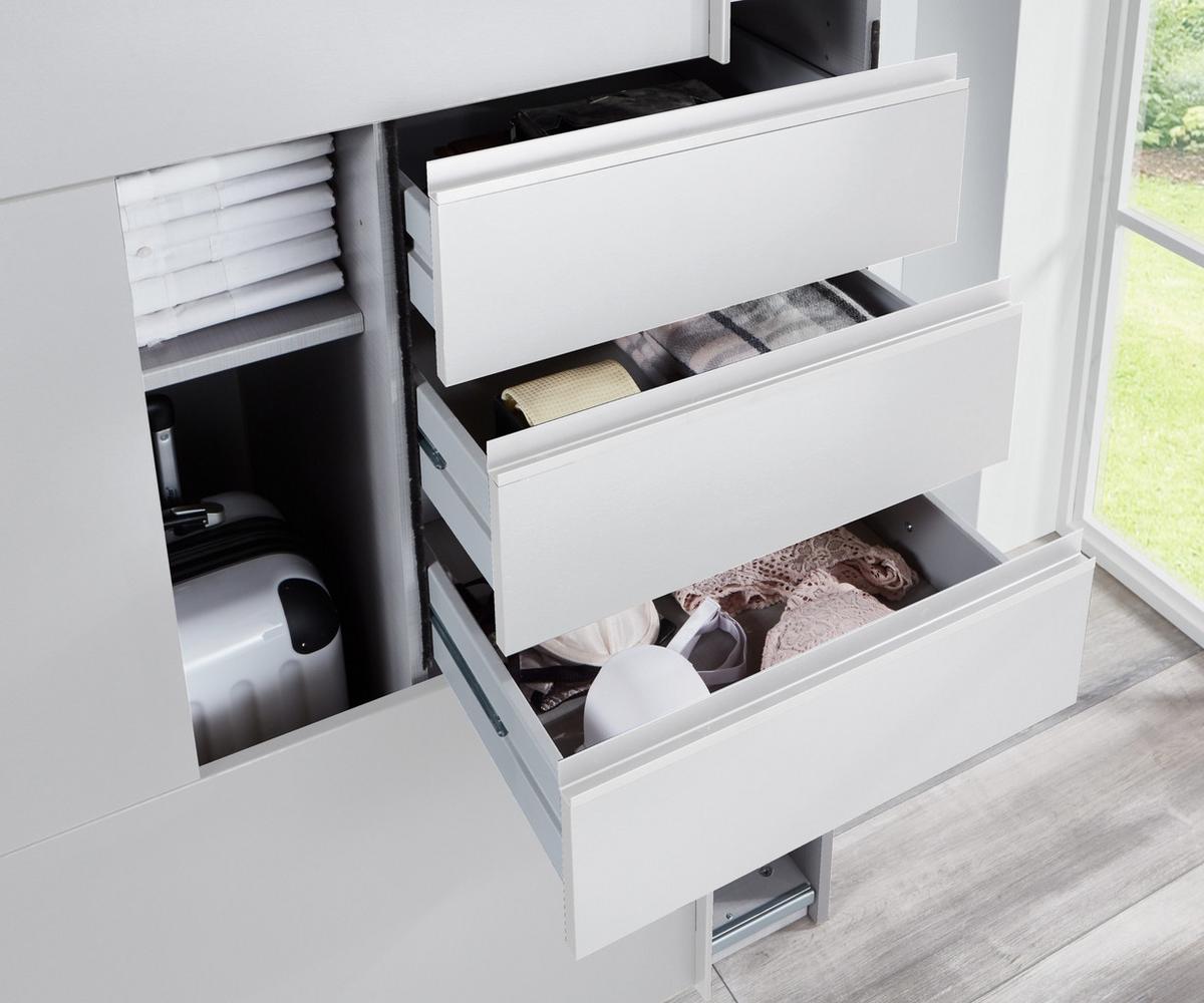 SCHWEBETÜRENSCHRANK 3-türig B270/H208/64 cm, Weiß, eine Spiegeltür, Kleiderschrank mit Schubladen & Vollausstattung / 22613 - Weiß, Holzwerkstoff/Metall (270/208/64cm) - luma-home