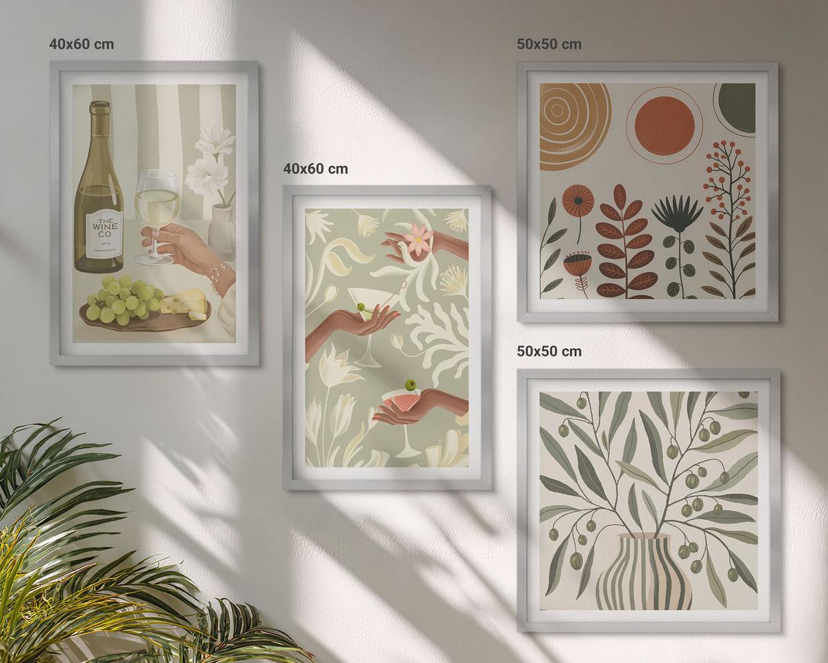 BILDER SET 4er Set - 50x50 cm & 40x60 cm Silberner Rahmen - Rustikale Cocktails mit Olivenblüten - Silberfarben, Kunststoff (50/50cm) - TULUP
